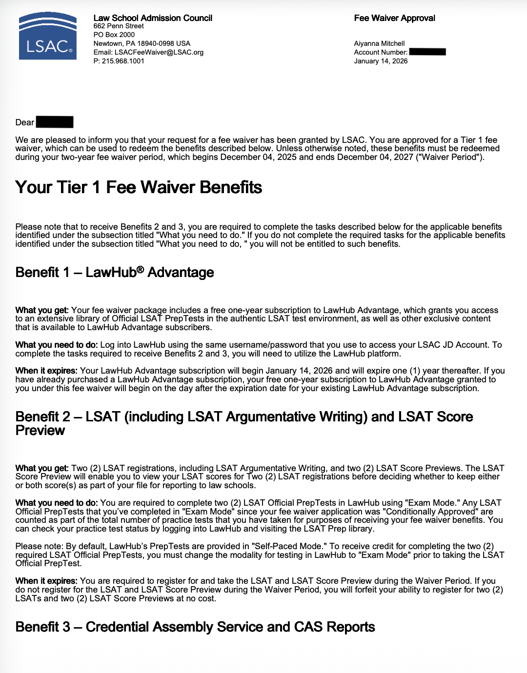 An example of an LSAC fee waiver approval letter
